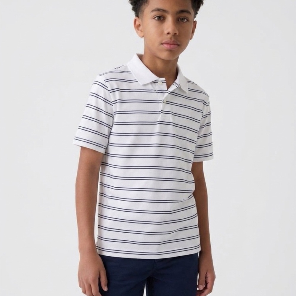 White and Navy Stripe George Polo Shirt for Kids 10-12